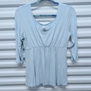 Yala Top Size L Womens Light Blue Bamboo Viscose Empire Waist 3/4 Sleeve Blouse